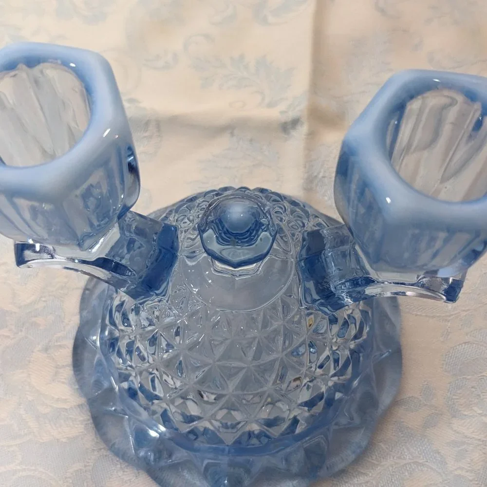 Pair of Vtg Depression Candle Holders Imperial Glass Katy Blu Lace Edge - Picture 9 of 9